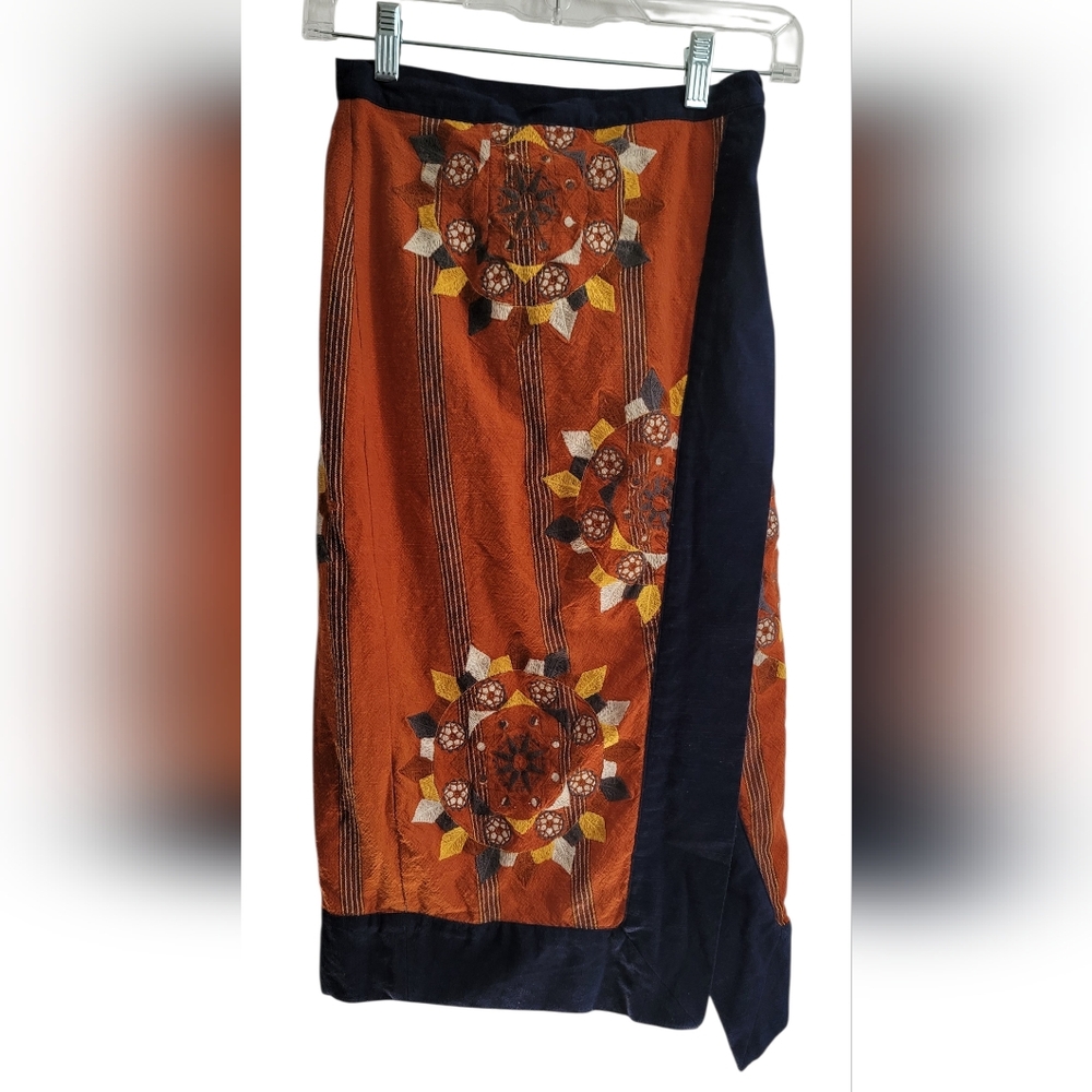 Free People Rust Songbird Embroidered Asymmetrical Wrap Midi Skirt Boho